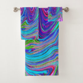 ブルー、ピンク、パープルグルーヴィ抽象芸術レトロアート バスタオルセット