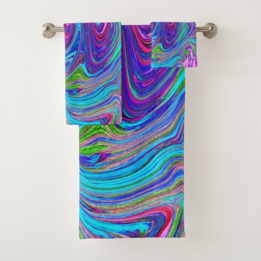 ブルー、ピンク、パープルグルーヴィ抽象芸術レトロアート バスタオルセット (インサイチュ)