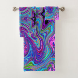 ブルー、ピンク、パープルグルーヴィ抽象芸術レトロアート バスタオルセット