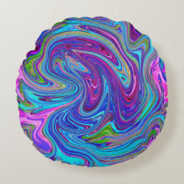 ブルー、ピンク、パープルグルーヴィ抽象芸術レトロアート ラウンドクッション