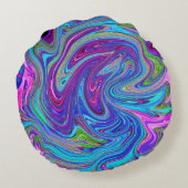 ブルー、ピンク、パープルグルーヴィ抽象芸術レトロアート ラウンドクッション (裏面)