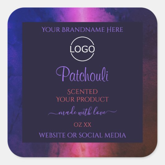 ブルー ピンク パープル マーブル モダン 商品ラベル ロゴ スクエアシール (正面)