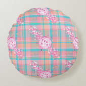 ブルー、ピンク、ピーチパターン、グリッターとハート | ラウンドクッション (正面)
