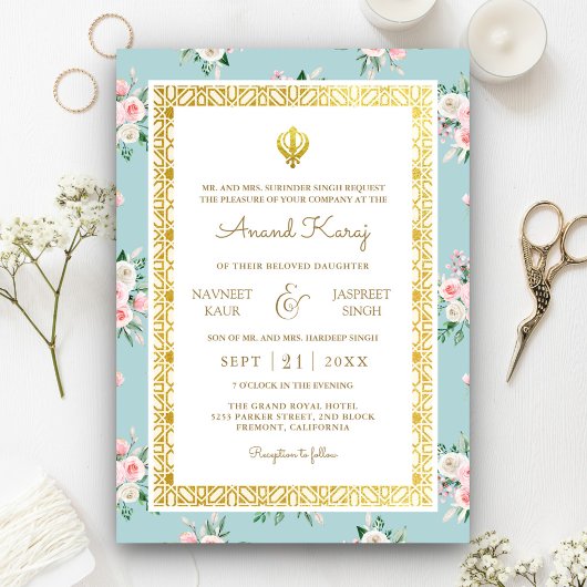 ブルー ピンク フラワーのアーナンド・カラージ・ Punjabi シーク教のウェディング 招待状