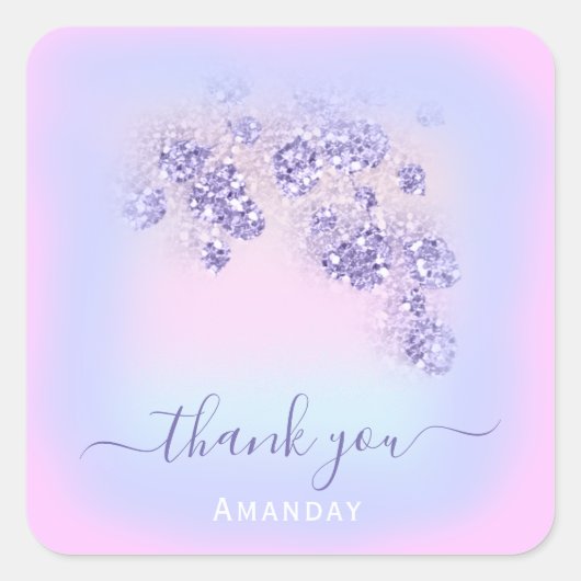 ブルー ピンク フラワー グリッター SWEET16TH ホログラム スクエアシール (正面)