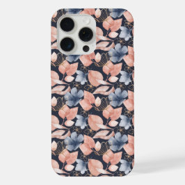 ブルー、ピーチ、ゴールドの華やかな植物画 iPhone 15 PRO MAXケース