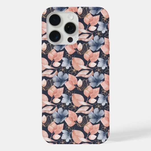 ブルー、ピーチ、ゴールドの華やかな植物画 iPhoneケース (裏面)
