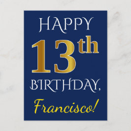 ブルー+ファッションゴールドの13歳の誕生日+カスタムネーム ポストカード
