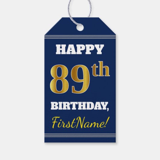 ブルー＋ファッションゴールドの89歳の誕生日＋カスタム名 ギフトタグ (正面)