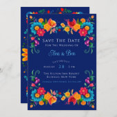 ブルー&フィカラフルエスタフローラ日付カードを保存 招待状 (正面/裏面)