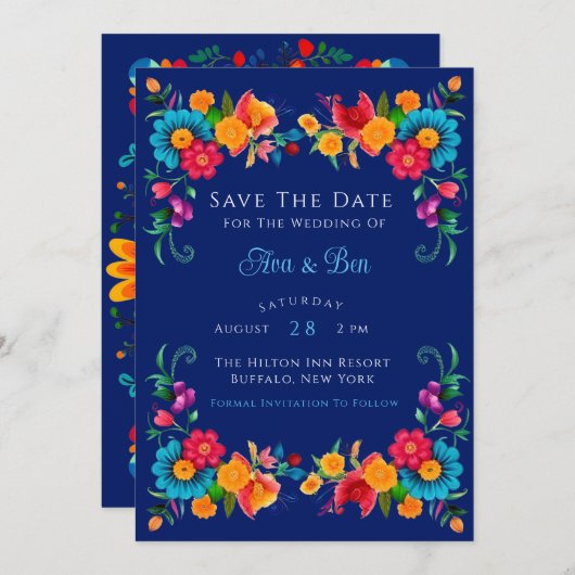 ブルー&フィカラフルエスタフローラ日付カードを保存 招待状 (正面/裏面)