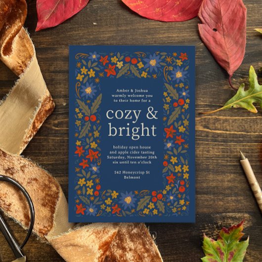 ブルー・フォール・フォークシー・フローラル・フレーム・オータムパーティー 招待状