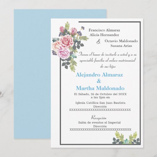 ブルー フラワーのウェディング ブッシュ 招待状 (正面/裏面)