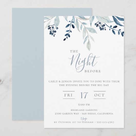 ブルー フラワーのリハーサル ディナー 前夜 招待状 (正面/裏面)