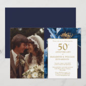 ブルー フラワーズ エレガント 50周年 フォト 招待状 (正面/裏面)