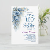 ブルー フラワー サプライズ 100歳の誕生日パーティー 招待状 (スタンド正面)