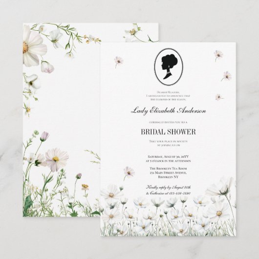 ブルー フラワー ブリジャートン テーマのブライズシャワー 招待状 (正面/裏面)