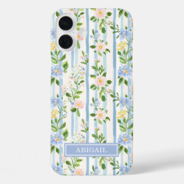 ブルー フローラル ウォーターカラー ストライプ オーダーメイド iPhone 16 PLUSケース