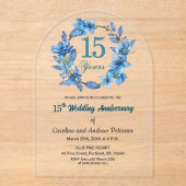 ブルー フローラル ゴールド フレーム 結婚記念日15周年 アクリル招待状 (正面)