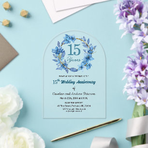 ブルー フローラル ゴールド フレーム 結婚記念日15周年 アクリル招待状