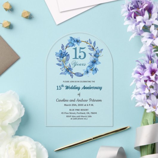ブルー フローラル ゴールド フレーム 結婚記念日15周年 アクリル招待状 (インサイチュ (ウェディング))