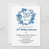 ブルー フローラル ゴールド フレーム 結婚20周年記念日 招待状 (正面)