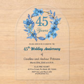 ブルー フローラル ゴールド フレーム 45周年 結婚記念日 アクリル招待状 (正面)