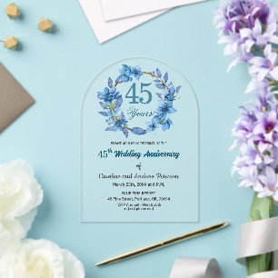 ブルー フローラル ゴールド フレーム 45周年 結婚記念日 アクリル招待状