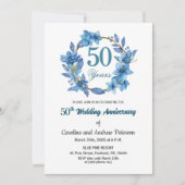 ブルー フローラル ゴールド フレーム 50周年 結婚記念日 招待状 (正面)