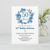 ブルー フローラル ゴールド フレーム 50周年 結婚記念日 招待状 (スタンド正面)