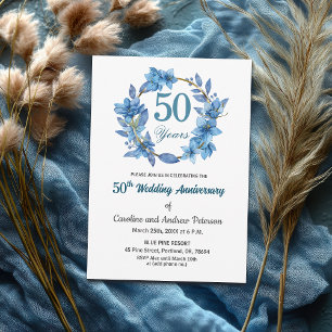 ブルー フローラル ゴールド フレーム 50周年 結婚記念日 招待状