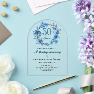 ブルー フローラル ゴールド フレーム 50回目 結婚記念日 アクリル招待状