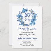 ブルー フローラル ゴールド フレーム 60周年 結婚記念日 セーブザデート (正面)
