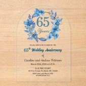 ブルー フローラル ゴールド フレーム 65周年記念結婚記念日 アクリル招待状 (正面)