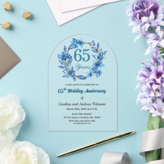 ブルー フローラル ゴールド フレーム 65周年記念結婚記念日 アクリル招待状 (インサイチュ (ウェディング))