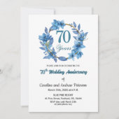 ブルー フローラル ゴールド フレーム 70周年 結婚記念日 招待状 (正面)