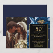 ブルー フローラル ブラック ゴールド 50周年記念写真 招待状 (正面/裏面)