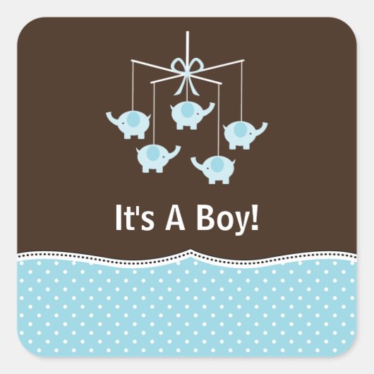 ブルー&ブラウンエレファントモバイルありがとう スクエアシール (正面)