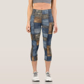 ブルー&ブラウンデニムパッチワークカスタム文字&ロゴ カプリレギンス (正面)