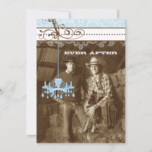 ブルー&ブラウンヴィンテージシャンデリアDamaskあなたの写真 招待状 (正面)