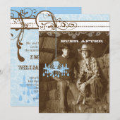 ブルー&ブラウンヴィンテージシャンデリアDamaskあなたの写真 招待状 (正面/裏面)