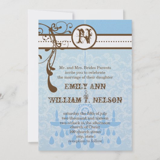 ブルー&ブラウンヴィンテージシャンデリアDamaskあなたの写真 招待状 (裏面)