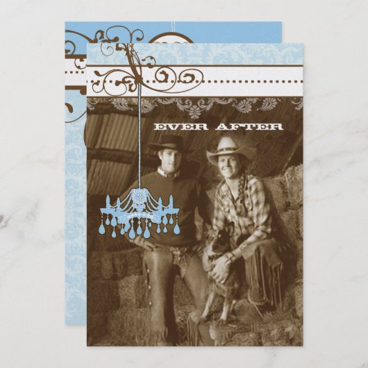 ブルー&ブラウンヴィンテージシャンデリアDamaskあなたの写真 招待状 (正面/裏面)