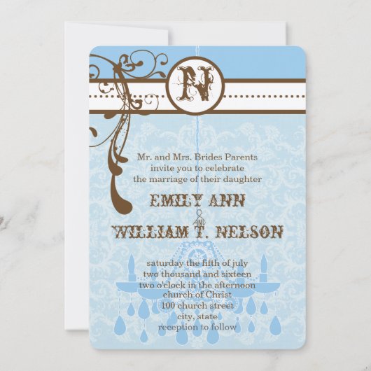 ブルー&ブラウンヴィンテージシャンデリアDamaskあなたの写真 招待状 (裏面)