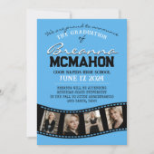 ブルー&ブラックのフィルムストリップ卒業発表 招待状 (正面)