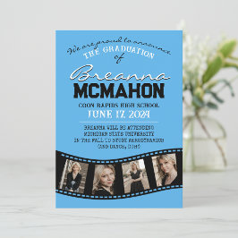 ブルー&ブラックのフィルムストリップ卒業発表 招待状