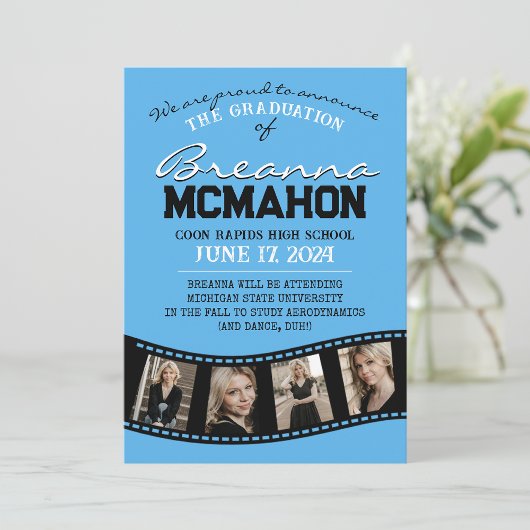 ブルー&ブラックのフィルムストリップ卒業発表 招待状