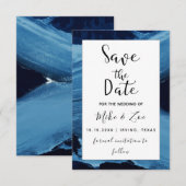 ブルー＆ブラックのペイント ブラシストローク アート エレガント モダン セーブザデート (正面/裏面)