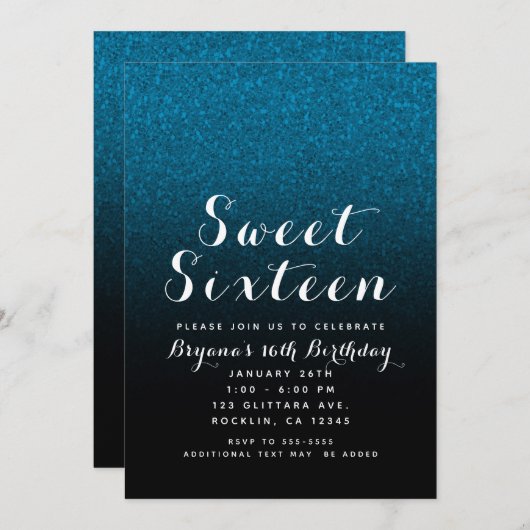 ブルー&ブラックグリッタースパークルグラムスウィート16パーティー 招待状 (正面/裏面)