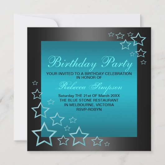 ブルー＆ブラックスターバースデー招待状 招待状 (正面)